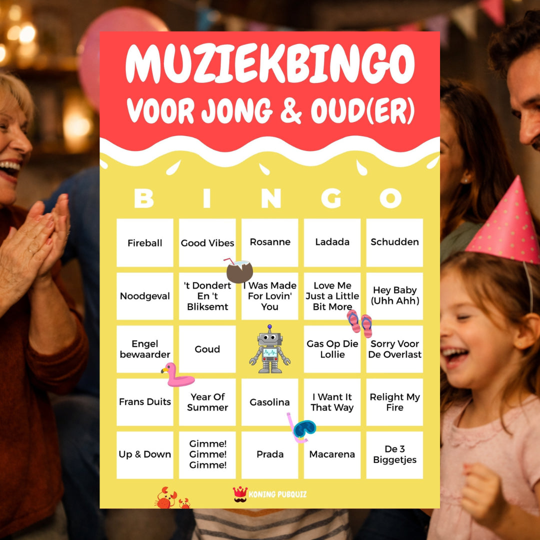 De bingo kaart voor de muziekbingo jong en oud