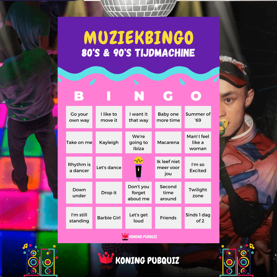 bingo kaart voor muziekbingo 80's en 90's voor een leuke avond met vrienden, familie of collega's