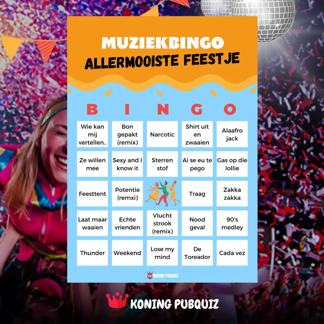 de bingo kaart van de allermooiste feestje muziekbingo van koning pubquiz